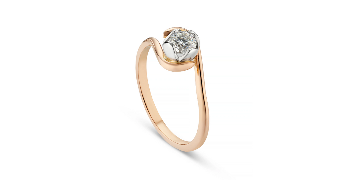 A white background showing a rose gold solitaire diamond ring