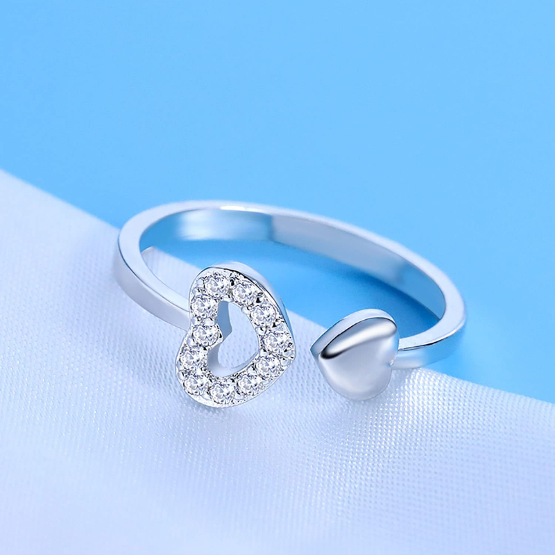 925 Sterling Silver Double Heart Cuff Ring - VistaVistaVISIONS