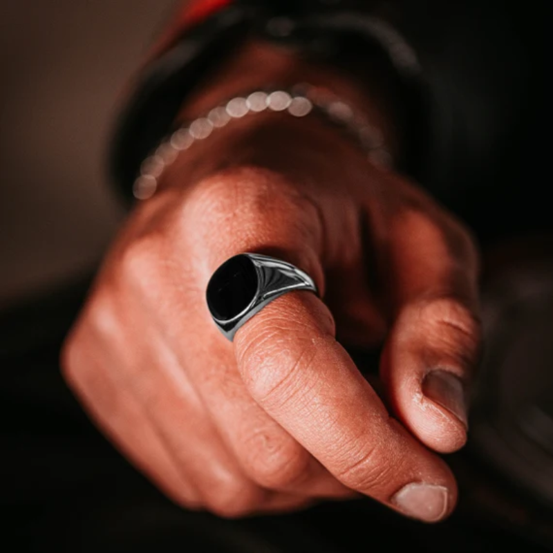 Stainless Steel Black Onyx Signet Ring - VistaVistaVISIONS