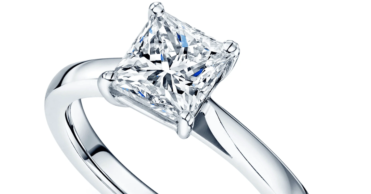 A simple white background zooming in on a silver solitaire ring 