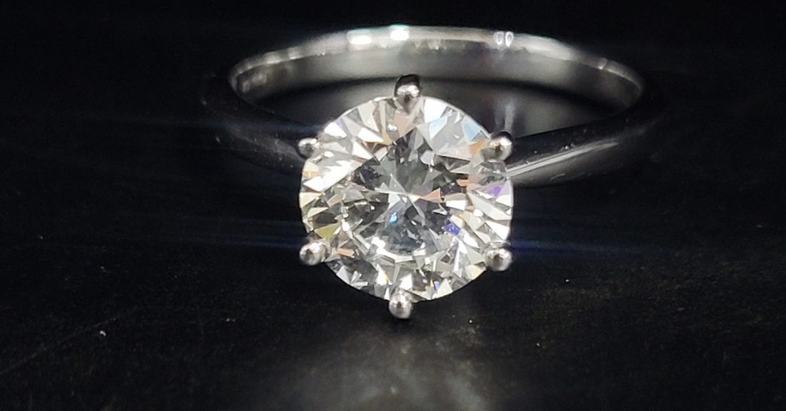A black background showing a large solitaire diamond ring