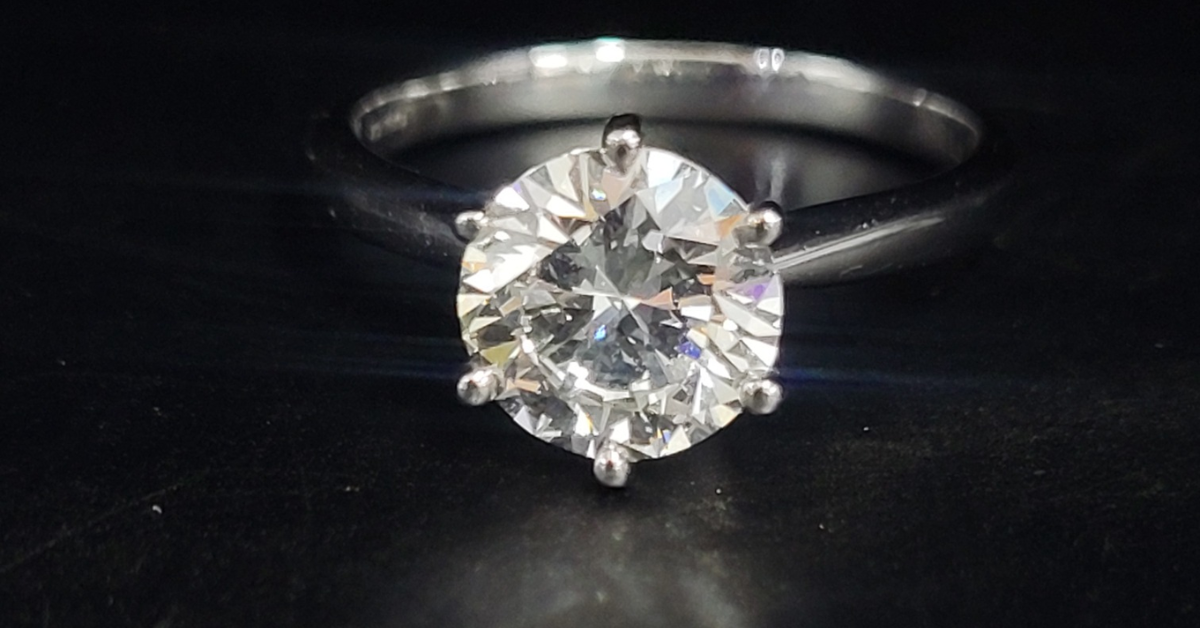 A black background showing a large solitaire diamond ring
