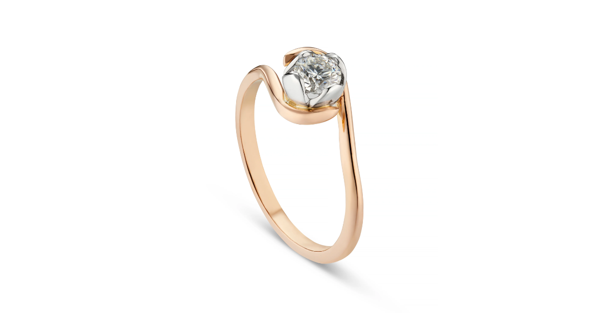 A white background showing a rose gold solitaire diamond ring