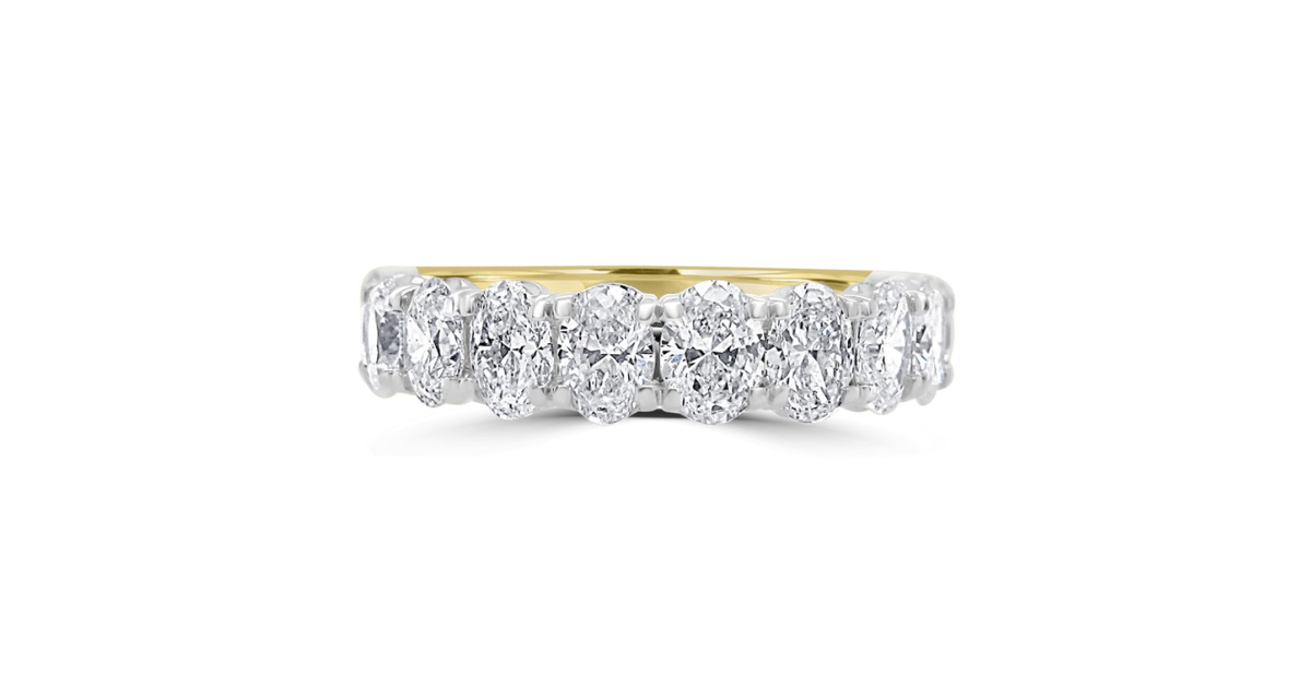 A white background showcasing a gold and diamond embedded eternity ring