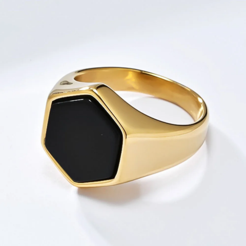 24ct Yellow Gold Plating Men's Onyx Matte Finish Signet Ring - VistaVistaVISIONS
