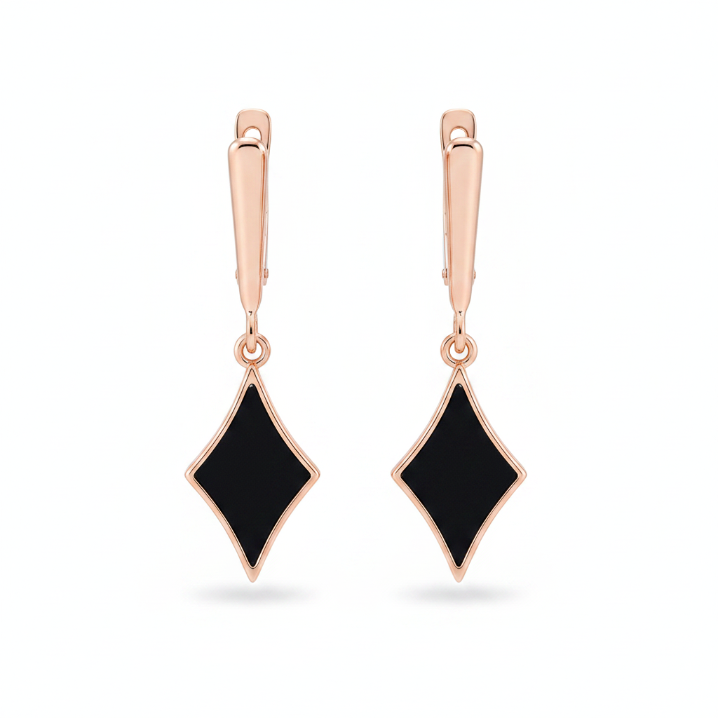 Black Onyx Rose Gold Star Drop Earrings – Front Facing White Background