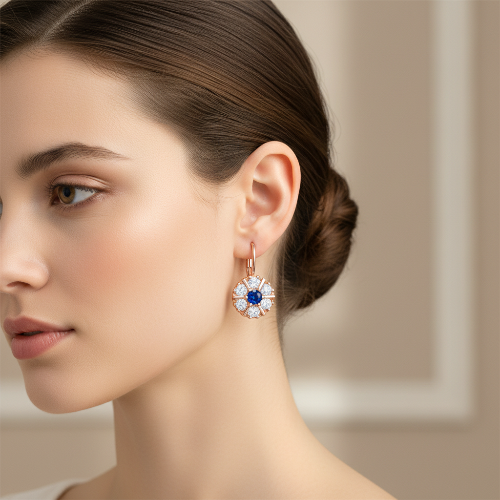 Blue Sapphire Zircon Rose Gold Flower Cluster Drop Earrings – Lifestyle Shot