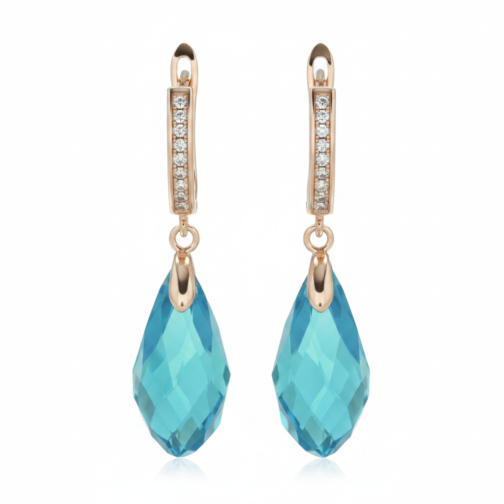 Blue Topaz Zircon Rose Gold Drop Earrings – Overhead Flat Lay Front Facing White Background