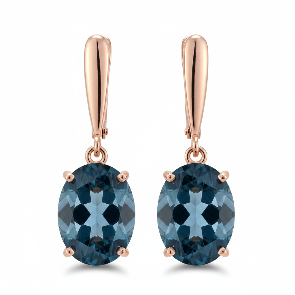 Blue Zircon Rose Gold Drop Earrings – Front Facing White Background