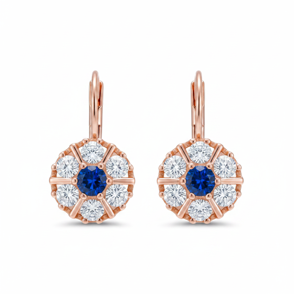 Blue Zircon Rose Gold Flower Earrings – Front Facing White Background