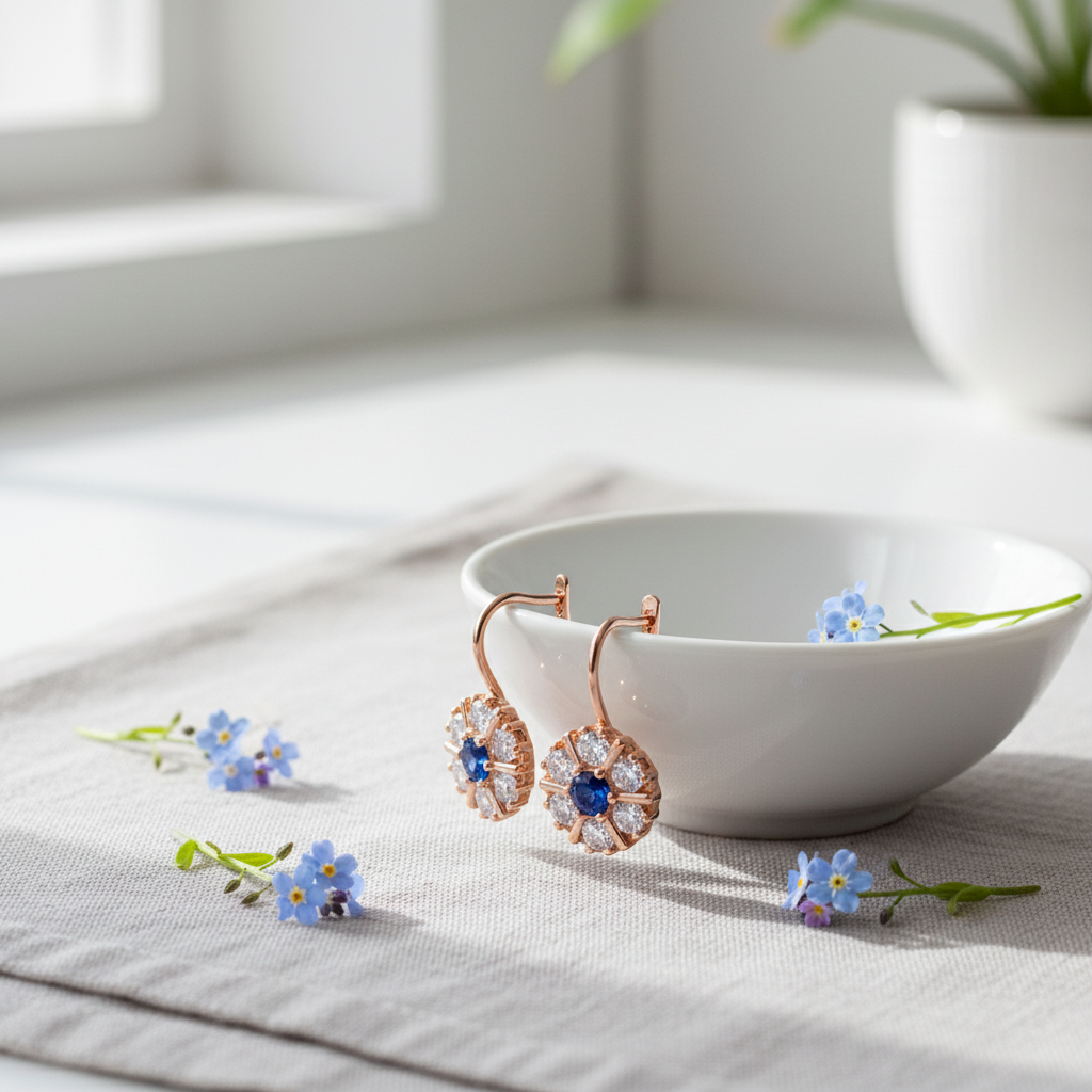 Blue Zircon Rose Gold Flower Earrings – Natural Light Lifestyle