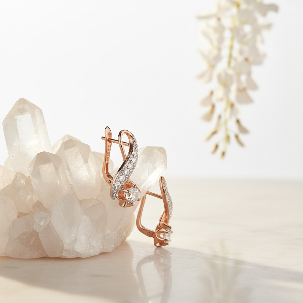 Curved S-Curve Pavé Rose Gold Zircon Drop Earrings – Crystal Quartz Natural Light Lifestyle