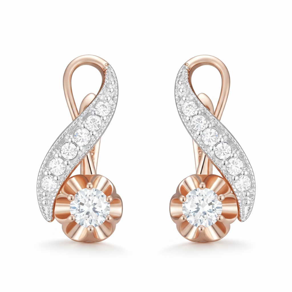 Curved S-Curve Pavé Rose Gold Zircon Drop Earrings – Front Facing White Background