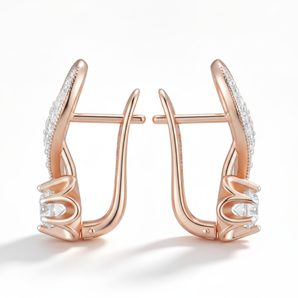 Curved S-Curve Pavé Rose Gold Zircon Drop Earrings – Side Profile White Background