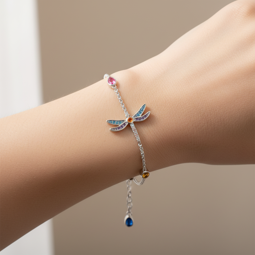 Dragonfly Multi-Stone Silver Charm Bracelet – Lifestyle Shot