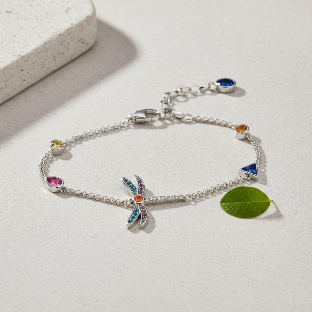 Dragonfly Multi-Stone Silver Charm Bracelet – Solo Lifestyle Shot