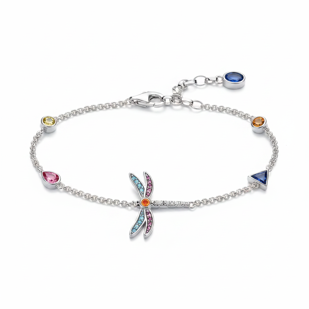 Dragonfly Multi-Stone Silver Charm Bracelet – Top Down Horizontal White Background