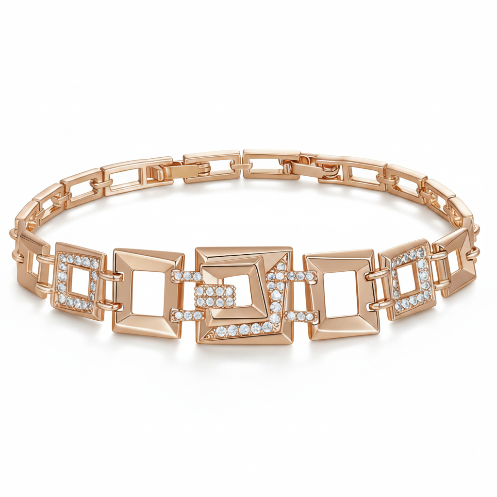 Geometric Rose Gold Chain Bracelet – Front Facing White Background