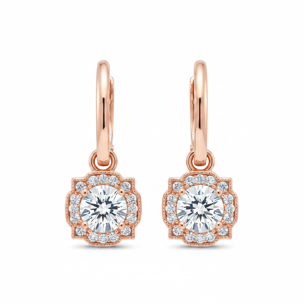 Geometric White Zircon Rose Gold Drop Earrings – Front Facing White Background