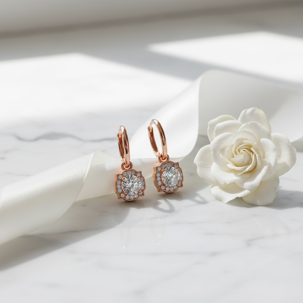 Geometric White Zircon Rose Gold Drop Earrings – Natural Light Lifestyle