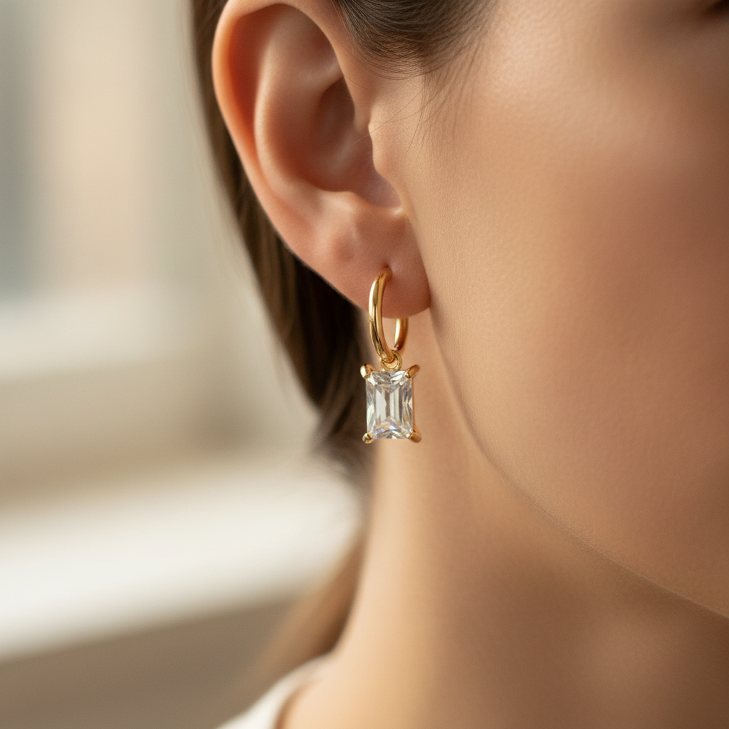 Gold Baguette Zircon Drop Earring — Lifestyle