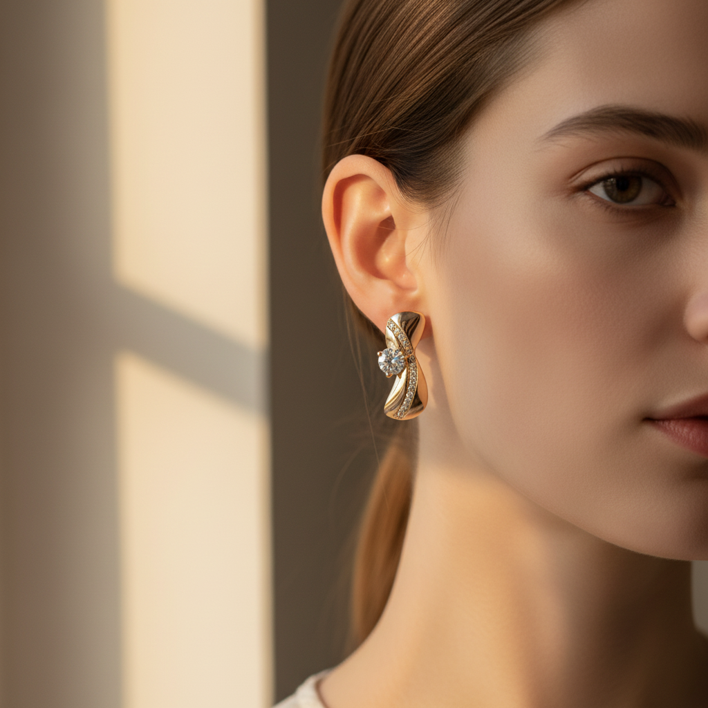 Gold Crossover Zircon Drop Earrings — Lifestyle