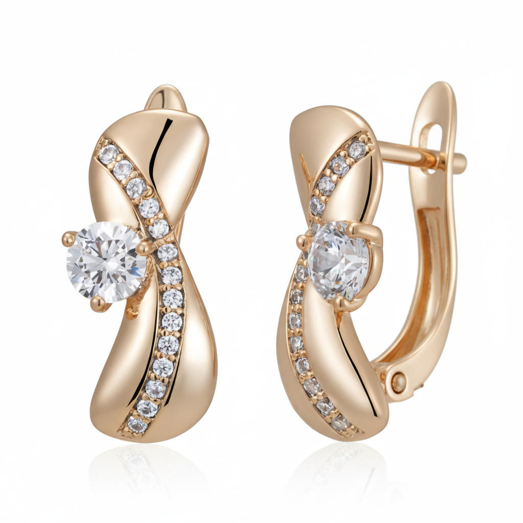 Gold Crossover Zircon Drop Earrings — Lock Detail