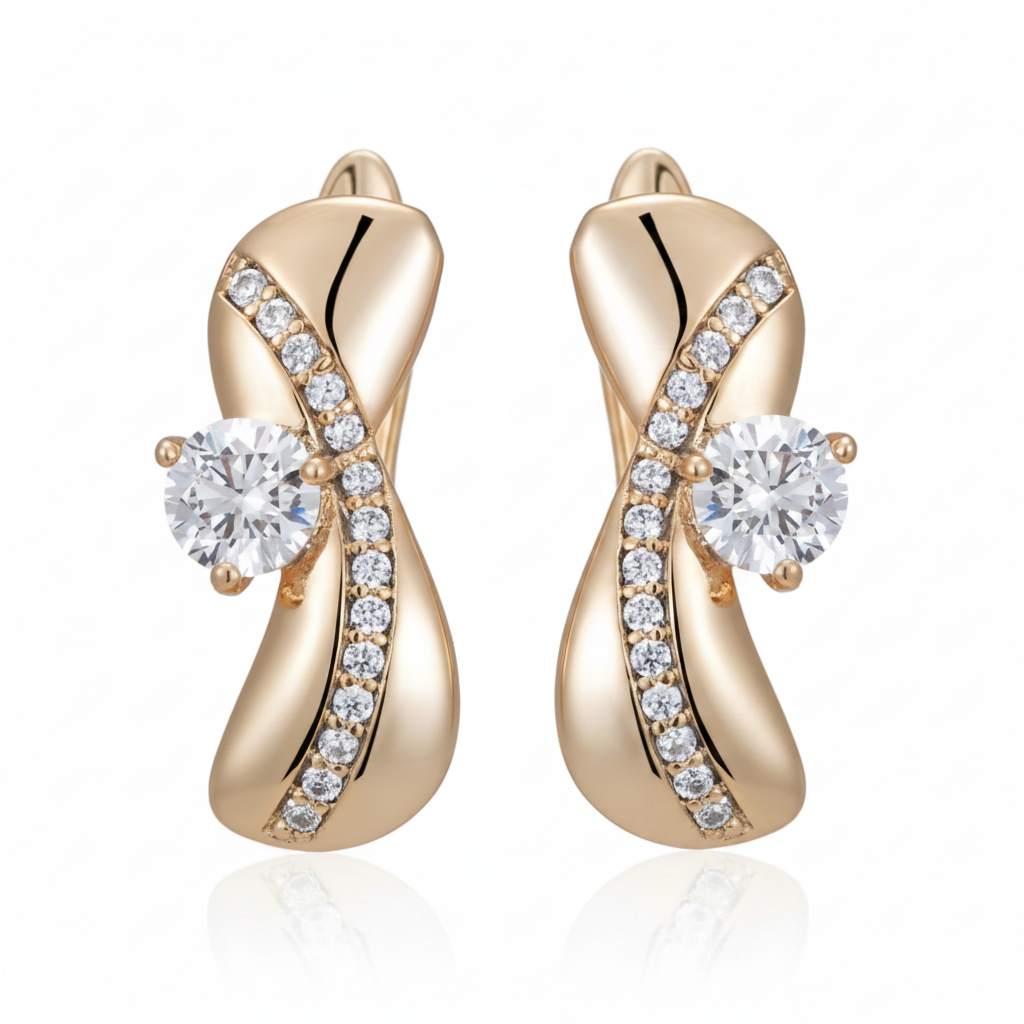 Gold Crossover Zircon Drop Earrings — Pure White