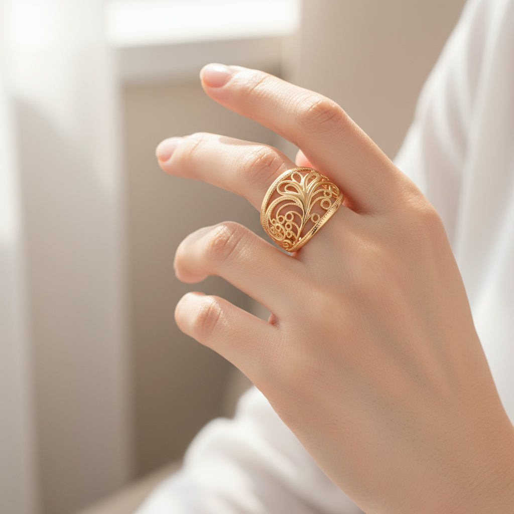 Gold Filigree Dome Ring – Lifestyle Shot