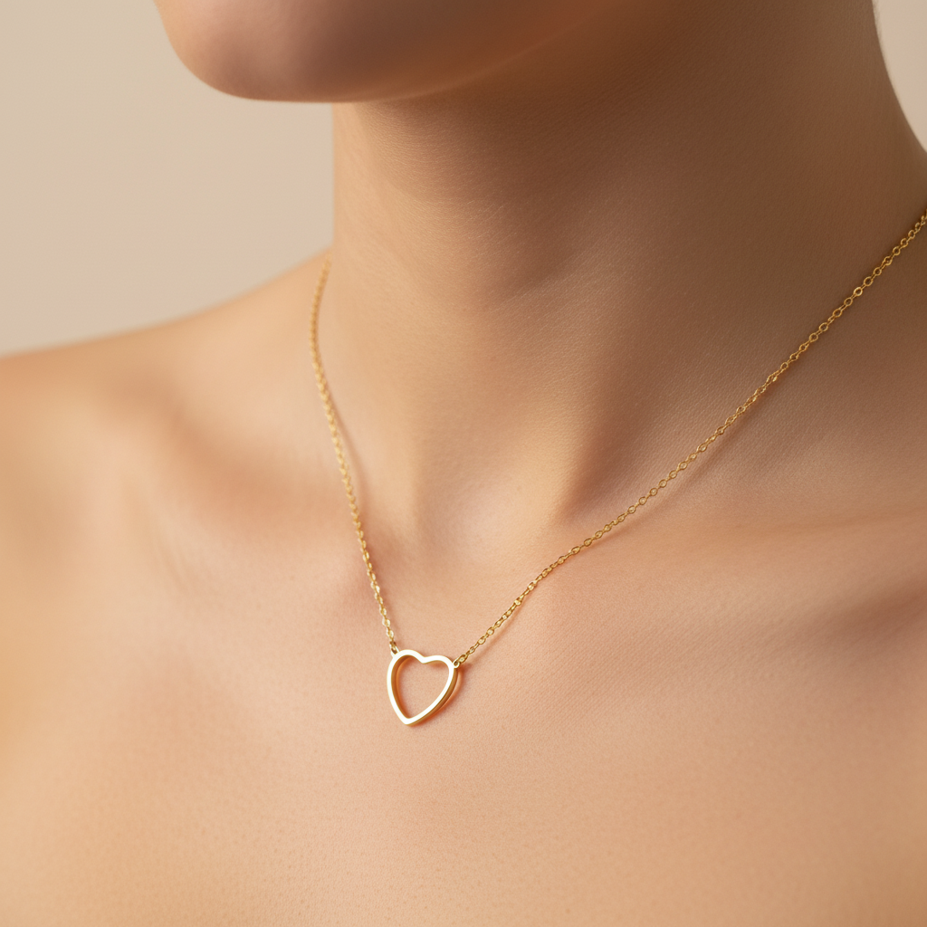 Gold heart necklace worn on neck