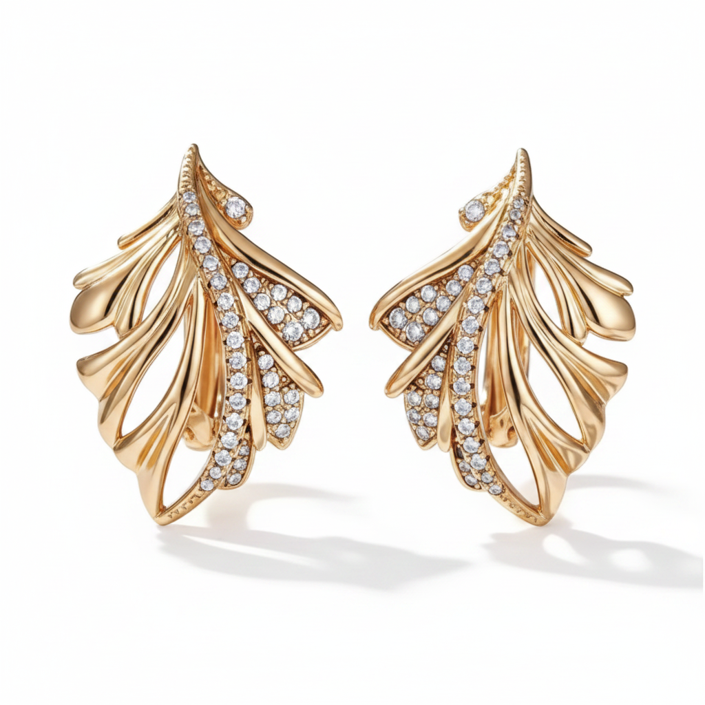 Gold Leaf Feather Pavé Zircon Drop Earrings – Front Facing White Background