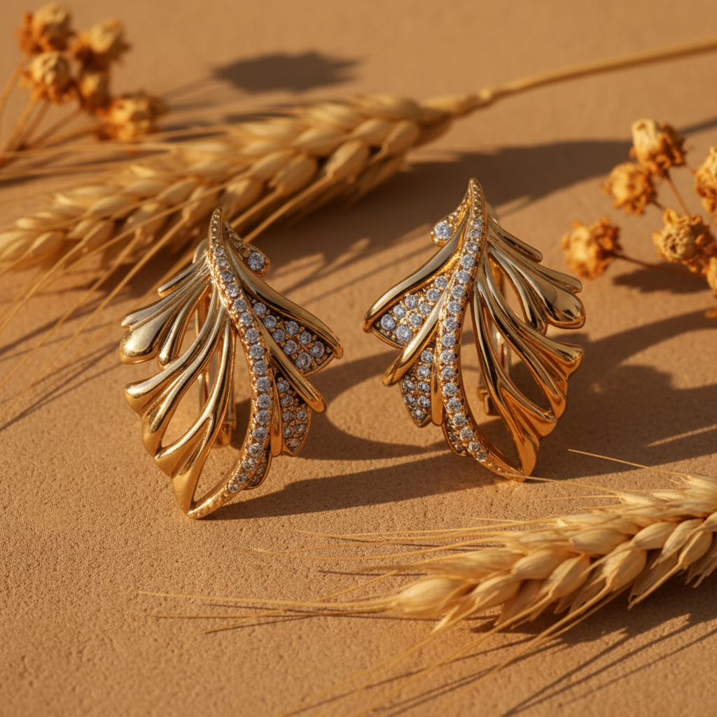 Gold Leaf Feather Pavé Zircon Drop Earrings – Golden Hour Wheat Lifestyle