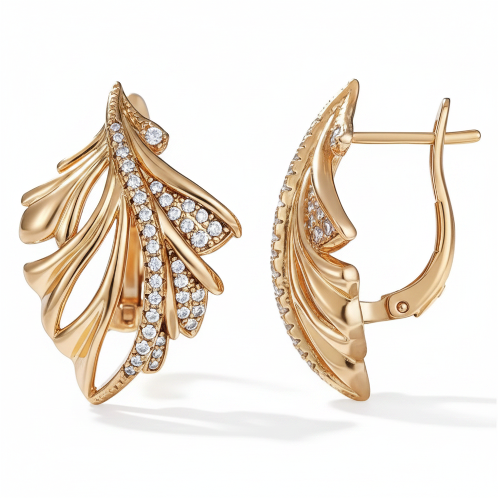 Gold Leaf Feather Pavé Zircon Drop Earrings – Side Profile White Background