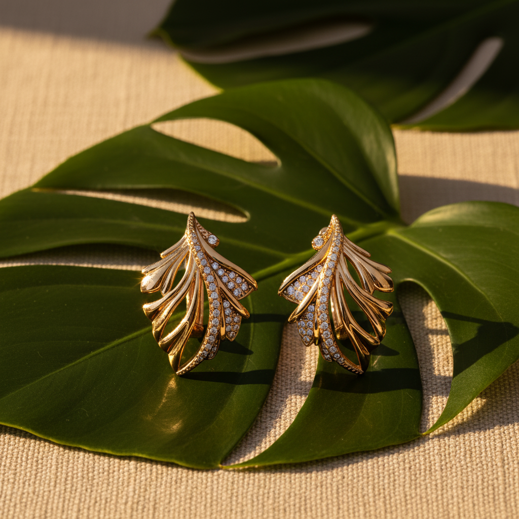 Gold Leaf Feather Pavé Zircon Drop Earrings – Tropical Leaf Natural Light Lifestyle