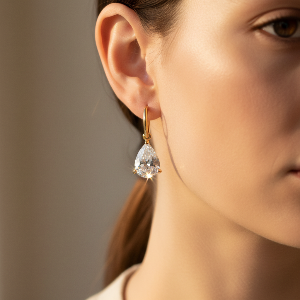 Gold Pear-Cut Zircon Drop Earring — Lifestyle