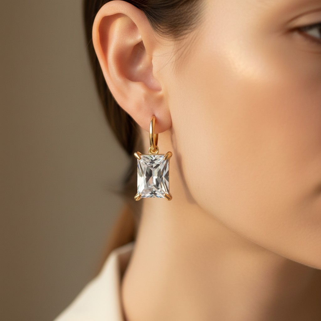 Gold Rectangle-Cut Zircon Drop Earring — Lifestyle