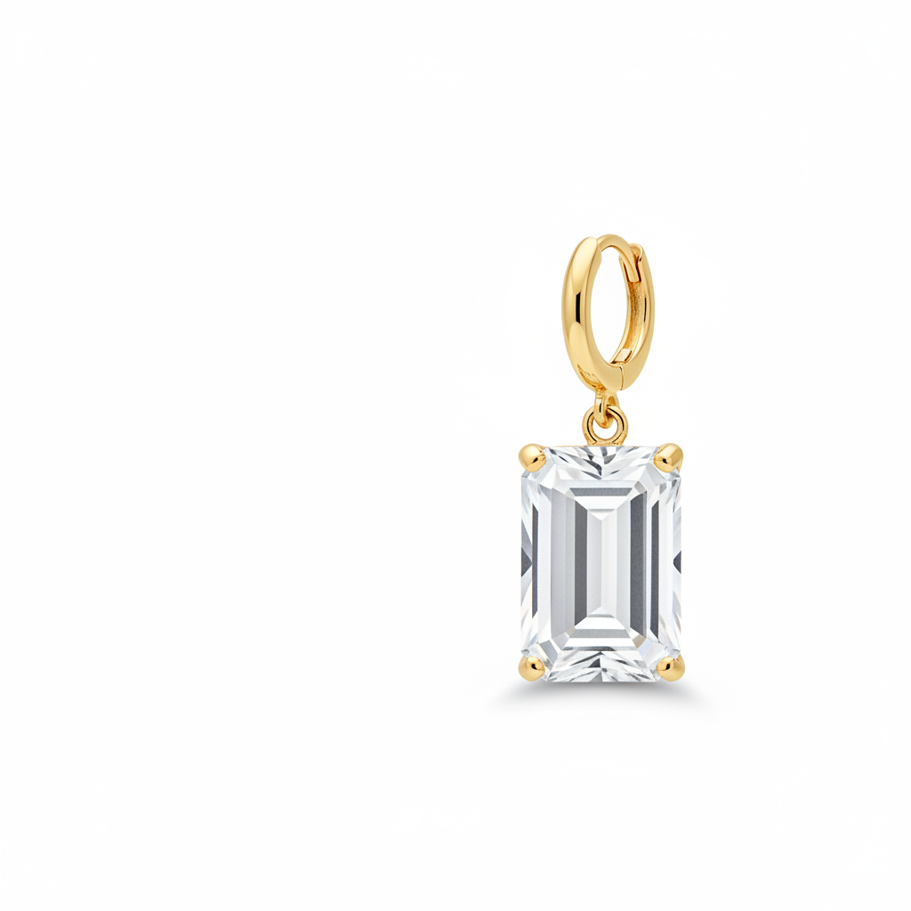 Gold Rectangle-Cut Zircon Drop Earring — Off-Centre White