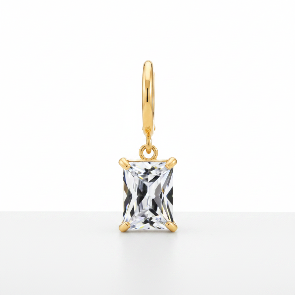 Gold Rectangle-Cut Zircon Drop Earring — Pure White