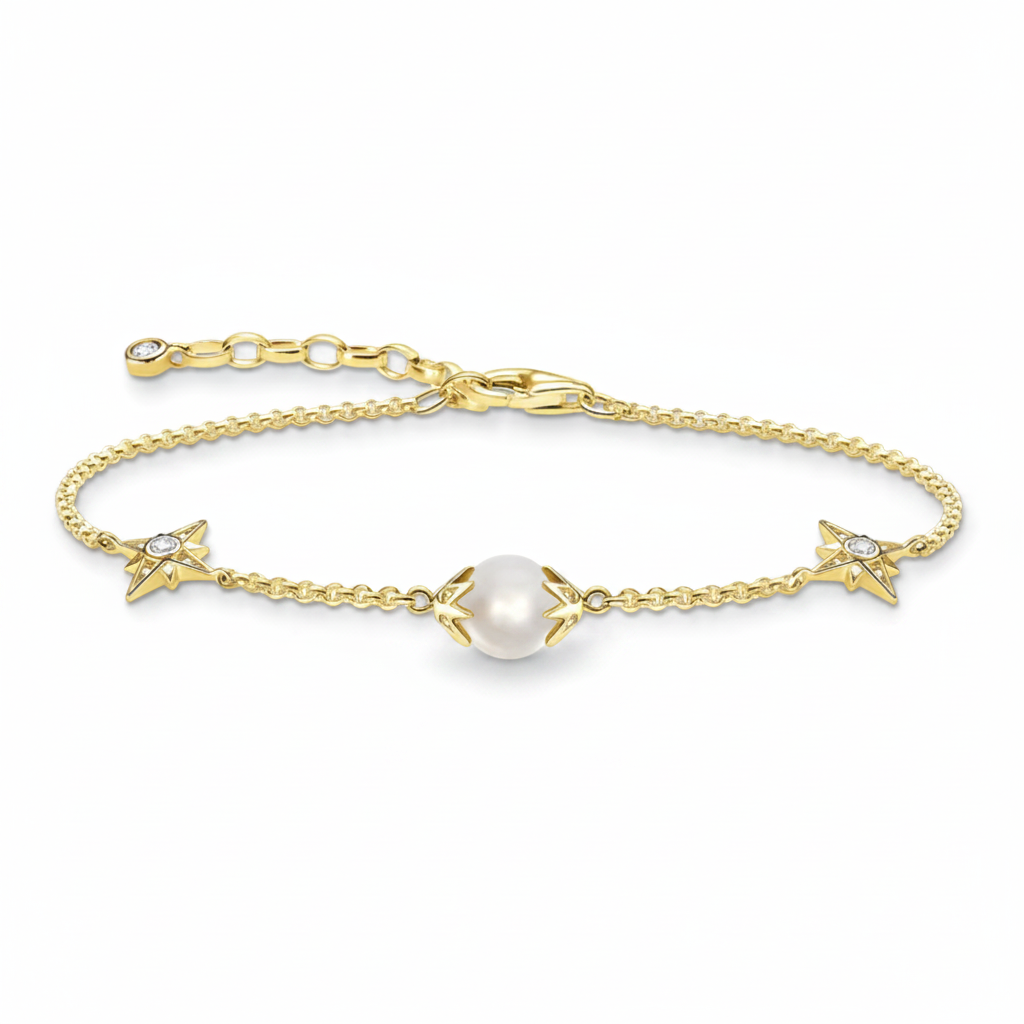 Gold Star Pearl Bracelet – Front Facing Horizontal White Background