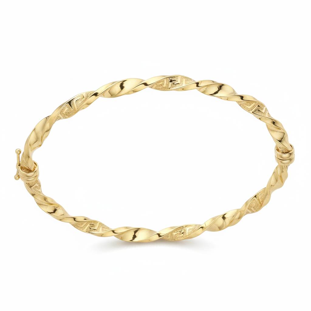 Gold twisted bangle horizontal on white background