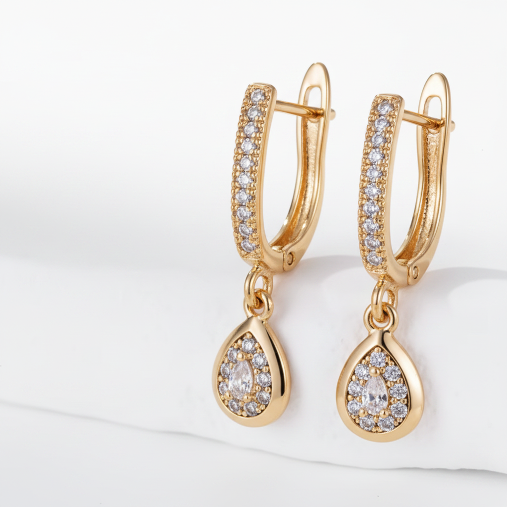 Gold Zircon Hoop Drop Earrings — Off-Centre White