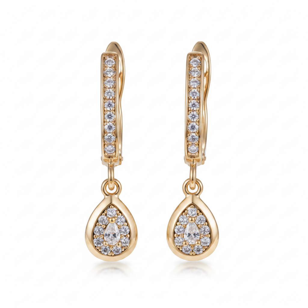 Gold Zircon Hoop Drop Earrings — Pure White