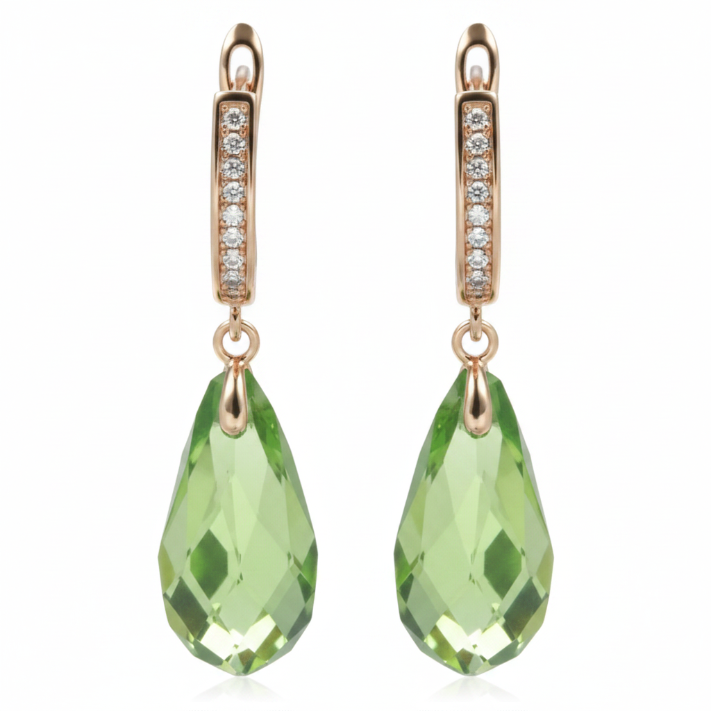 Green Zircon Rose Gold Drop Earrings – Fully Front Facing Horizontal White Background
