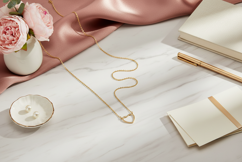 Lifestyle flat lay of gold heart necklace without coffee