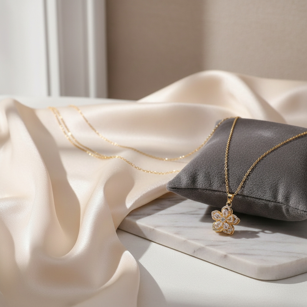 Lifestyle image of gold necklace with white flower pendant