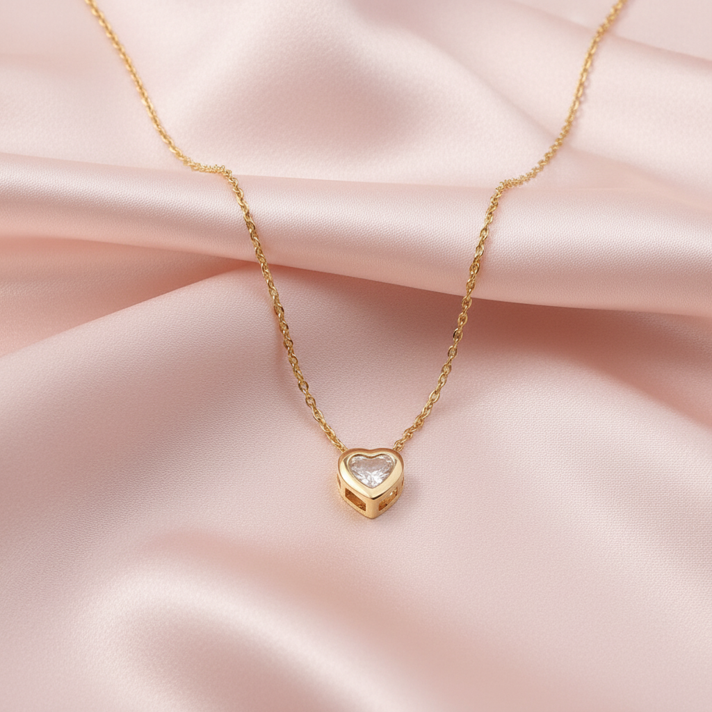 Lifestyle image of gold necklace with white heart pendant - clean version