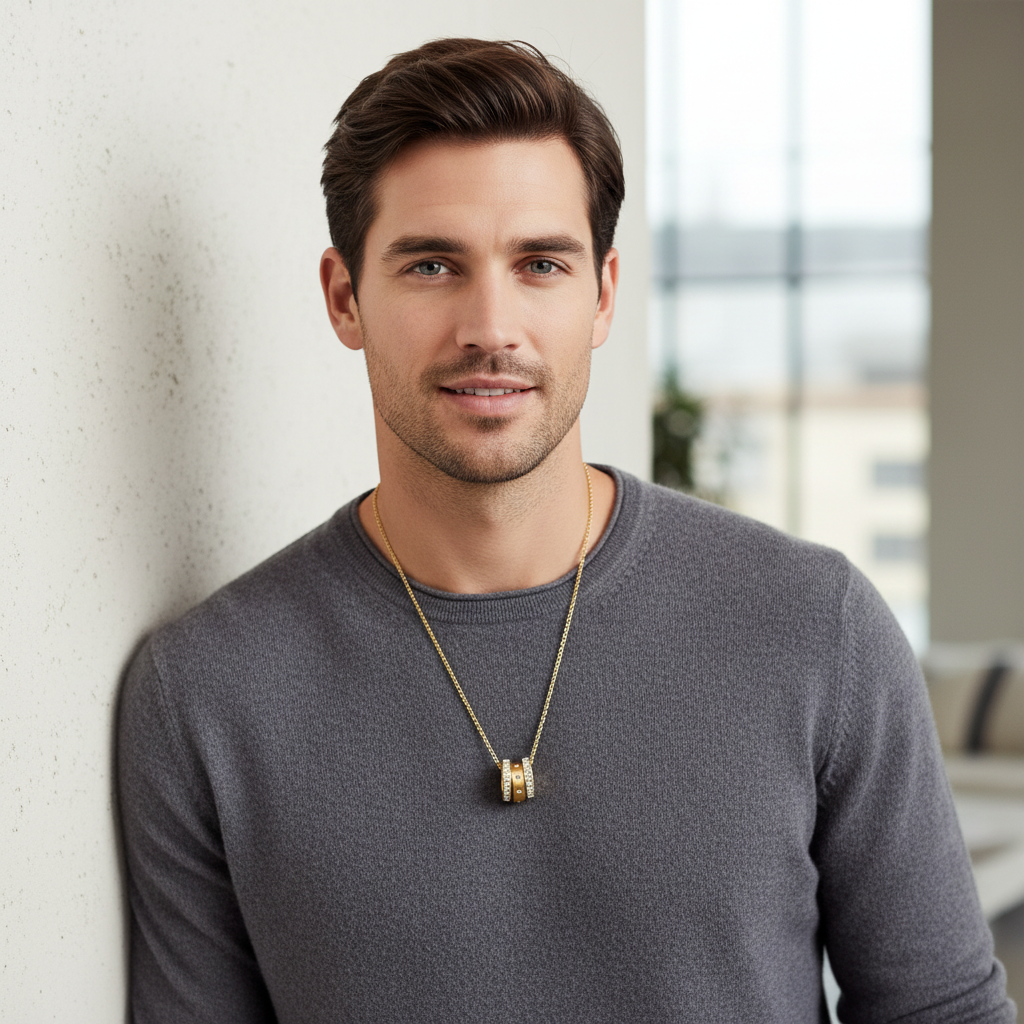 Man wearing three-ring pendant necklace