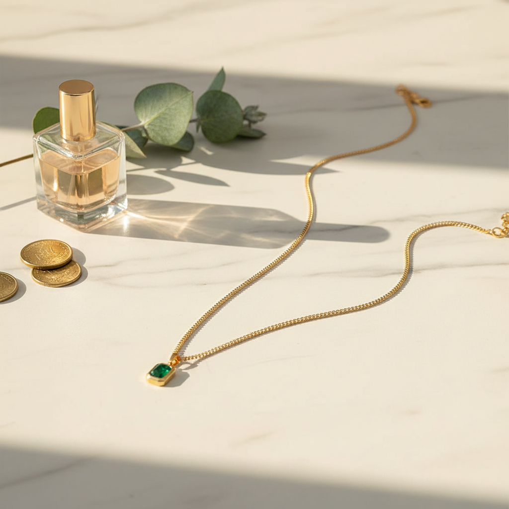 Minimalist Emerald Gold Necklace Lifestyle Alt