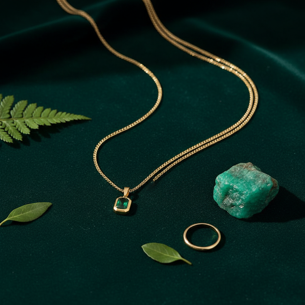 Minimalist Emerald Gold Necklace Lifestyle