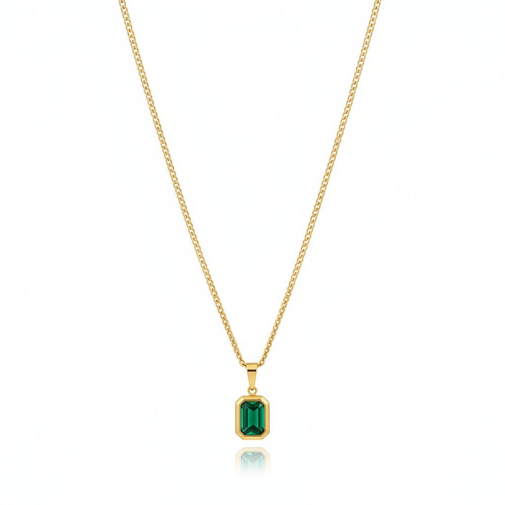 Minimalist Emerald Gold Necklace White Background